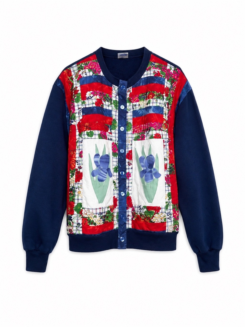 Vintage 90s Jerzees Floral Patchwork Cardigan Sweatshirt Women’s Large Blue